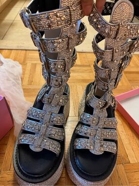 Sugar Thrillz Silver Rhinestone Gladiator Platform Sandals with Buckles